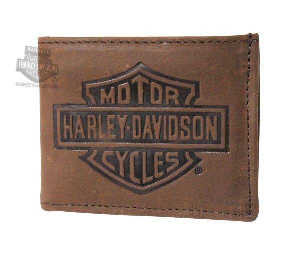 Portafoglio Pelle Marrone Harley-Davidson Logo B&S Bi-Fold Embossed Brown Leather Wallet Idea Regalo