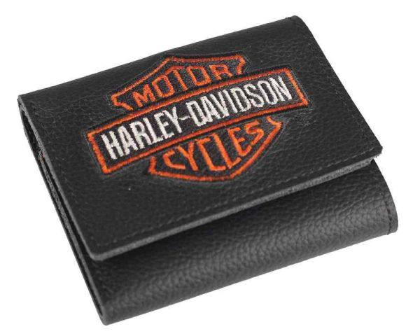 Portafoglio Pelle Nero Orig. Harley Davidson Embroidered Bar & Shield Orange Tri-Fold Wallet Idea Regalo