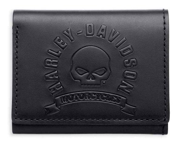 Portafoglio Nero Pelle Orig. Harley Davidson Willie G Skull Tri-Fold Leather Wallet Idea Regalo