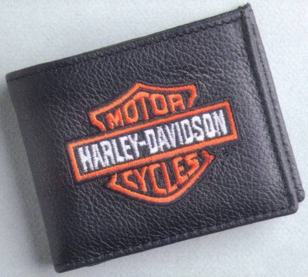 Portafoglio in Pelle Nera con Ricamo Harley-Davidson Bianco e Arancio